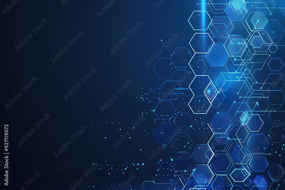 Poster a blue background with a pattern of hexagons