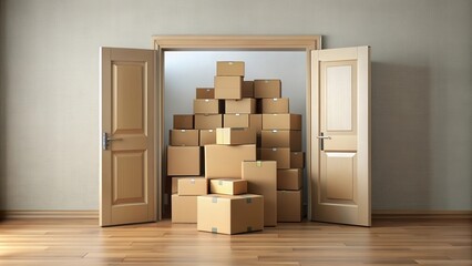 Fototapeta premium Doorway filled with stacked cardboard boxes , storage, clutter, moving, packages, shipping, delivery