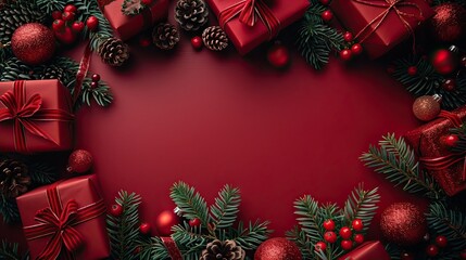 A red background frames Christmas gift boxes and festive decorations in the corners, creating a xmas banner design for a happy New Year greeting card.