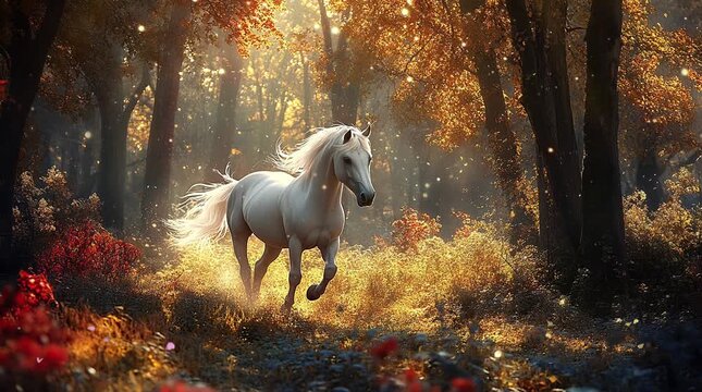 A majestic white horse galloping through a vibrant autumn forest, surrounded by colorful falling leaves and the warm hues of the sea Seamless looping 4k time-lapse virtual video animation Generated AI