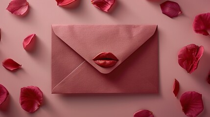 A romantic love letter concept displays a blank paper card with a lipstick kiss and a red envelope on a pastel pink background, perfect for a Valentine's Day greeting card.