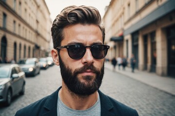 Handsome bearded hipster man wearing round sunglasses