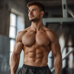 Muscular man with six pack abs in a gym.