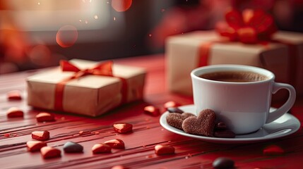 A happy Valentine�s Day composition includes a festive gift box, a sign of love, heart-shaped candy, and a coffee cup on a red table.