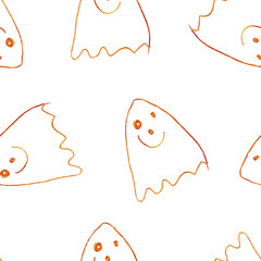 Funny Ghosts Drawn with Crayon. Seamless Pattern Cute Halloween Illustration. Hand Drawn Digital Paper with Ghosts Drawn by Colored Pencils.