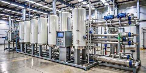 Industrial water filtration system with multiple tanks and pipes in a modern facility, showcasing advanced water purification technology for clean water processing, treatment, and environmental sustai