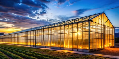 Obraz premium Industrial greenhouse with glowing lights at dusk in autumn , greenhouse, industrial, agriculture, farming, structure