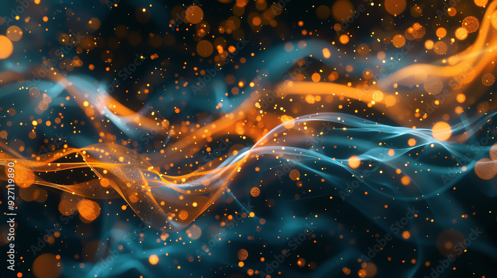 Poster an abstract image with swirling lines of orange and blue, and scattered dots of light.