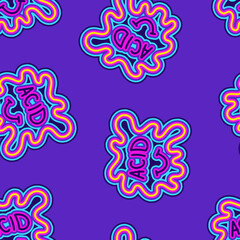 A seamless pattern with groovy hippie elements and geometric shapes in bright colors on a blue background. Great for backgrounds, wrapping paper, and fabric.