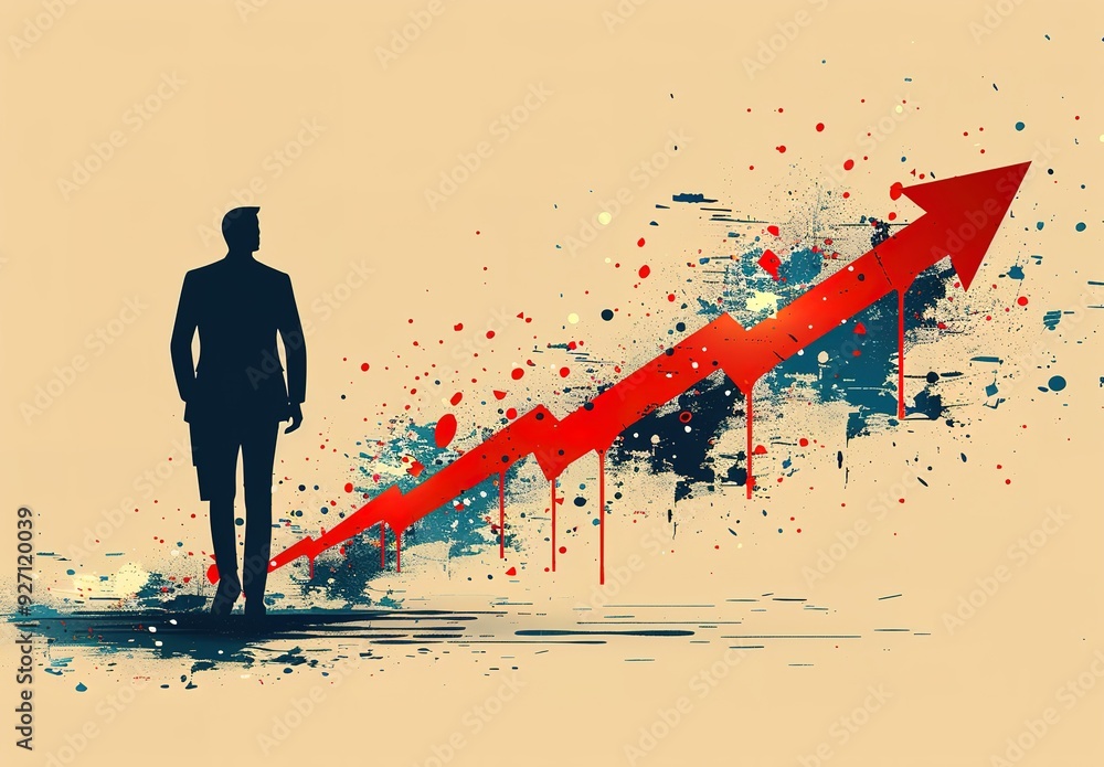 Poster a man is walking down a path with a red arrow pointing upwards