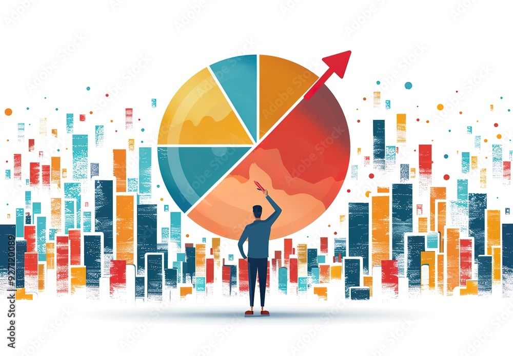 Aufkleber a man is drawing a pie chart with a red arrow pointing upwards