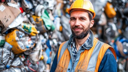 A man wearing a hardhat and safety vest smiles at the camera while standing in front of a large pile of recyclable materials