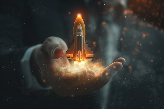 A hand is holding a small model rocket