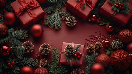 A Christmas holiday red background is adorned with vintage decorations, gift boxes, and baubles in a flat lay top view.