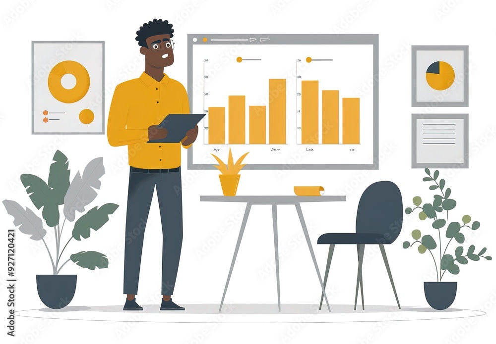 Poster a man stands in front of a white board with graphs and charts on it