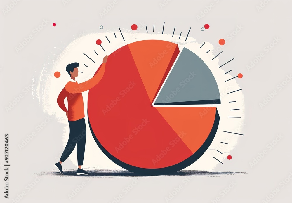 Poster a man is holding a pie chart and pointing to a slice