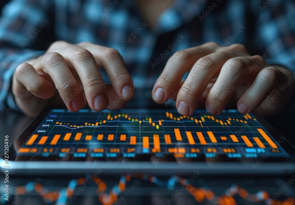 Poster a person is typing on a tablet with a graph on the screen