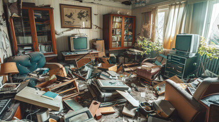 Cluttered and damaged living room