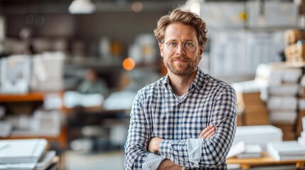 Obraz premium A man in a plaid shirt stands with arms crossed in a busy warehouse