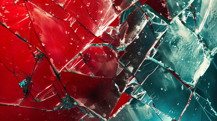 an abstract image of broken glass with red and teal colors.