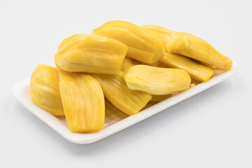 Ripe jackfruit flesh in a white plate, Close-up of jackfruit on white background, Ripe Jackfruit on...