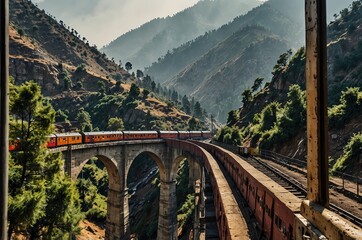 Fototapeta premium View from moving train on arch bridge over mountain slopes, beautiful view, one side mountain, one side valley.