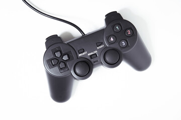 Black controller on white background, Video game device, Joystick on a white background.