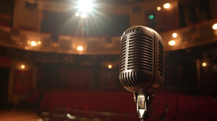 Vintage microphone on stage with lights, in the auditorium or music hall
