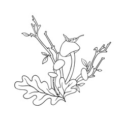 Line sketch, contour of forest mushrooms with autumn leaves, dry branches. Vector graphics.