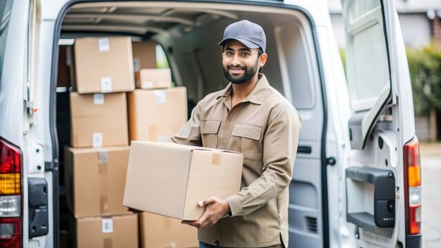 An Indian delivery worker loading packages into a delivery van, wearing a uniform, and preparing for the next delivery.
