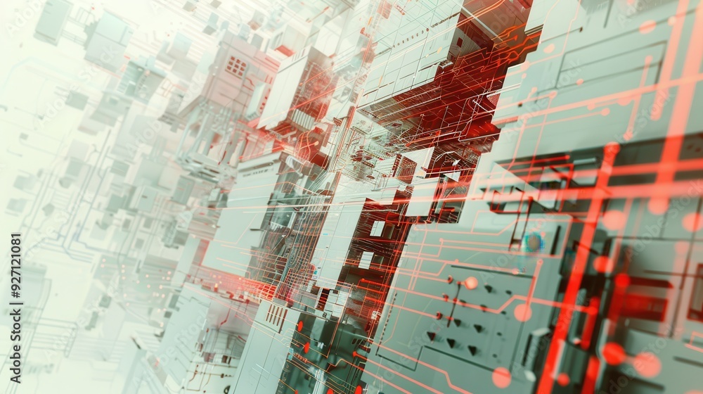 Aufkleber a digital cityscape with red circuitry flowing through white buildings in a complex and intricate de