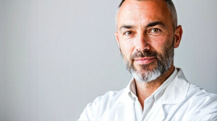 Fototapeta premium A man with a grey beard wearing a white lab coat looks directly at the camera