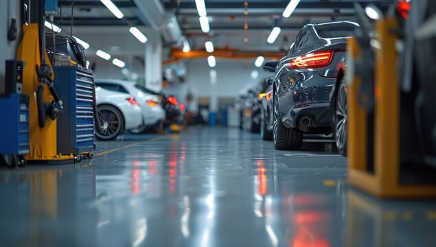 A car repair shop with many cars in the background
