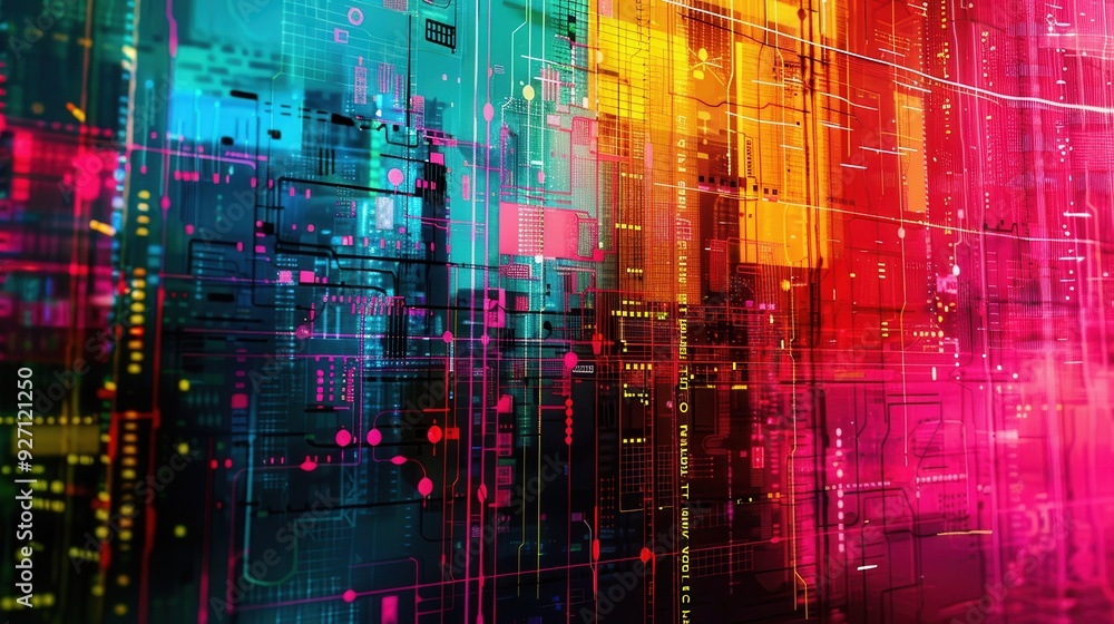 Poster a colorful digital abstract design with a grid pattern, featuring shades of blue, green, yellow, red