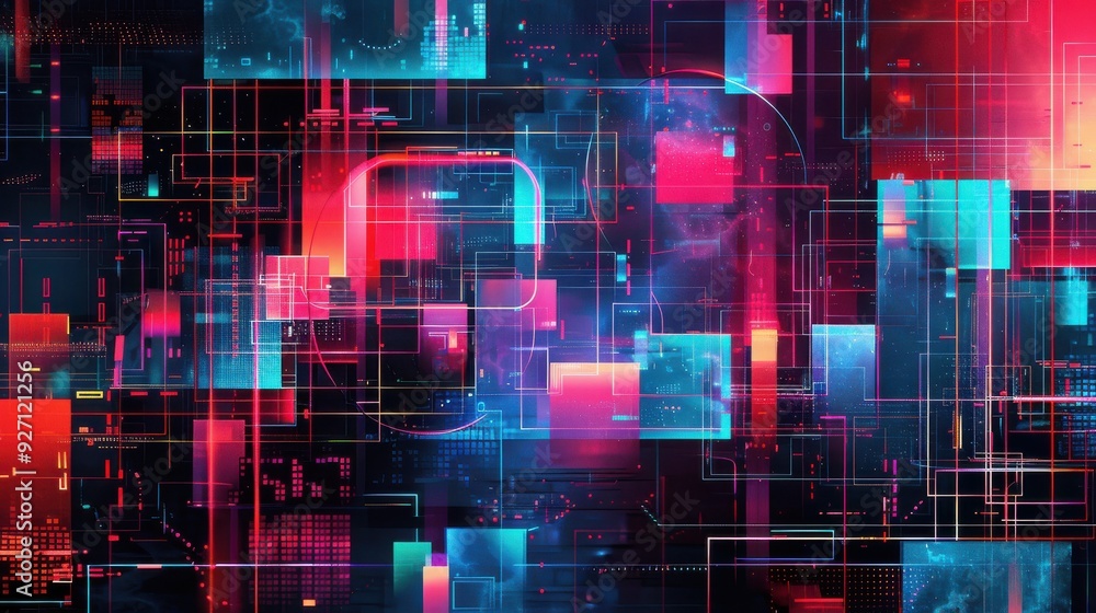 Aufkleber The image features a vibrant abstract design with overlapping squares and rectangles in shades of red, pink, and blue. The geometric shapes are layered over a dark background, creating a dynamic and i