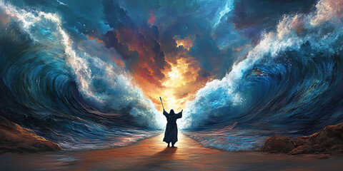 Moses parting the Red Sea, Bible religious story Old Testament illustration backdrop, ocean waters divided background, generated ai 