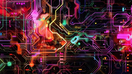 Obraz premium An abstract digital circuit board with neon lights, glowing in vibrant colors on a black background. The circuitry is complex, featuring intricate patterns and interconnecting lines.