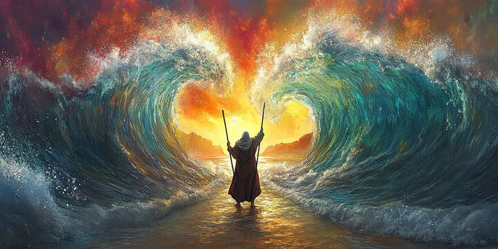 Moses parting the Red Sea, Bible religious story Old Testament illustration backdrop, ocean waters divided background, generated ai 