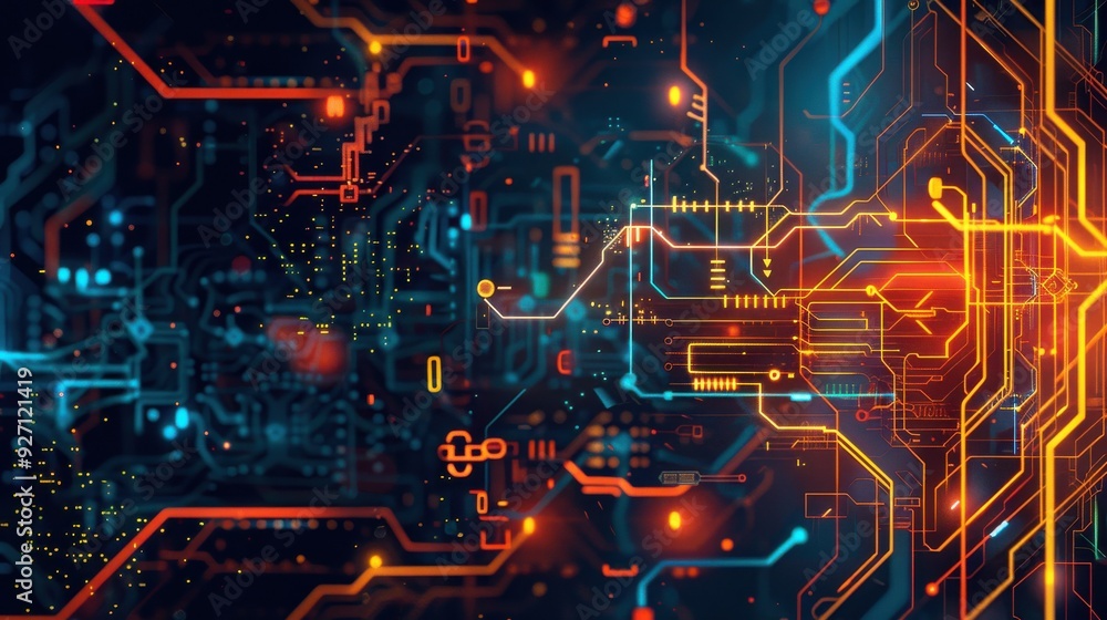 Poster a digitally-rendered image of abstract glowing circuitry and connections. the image features a compl