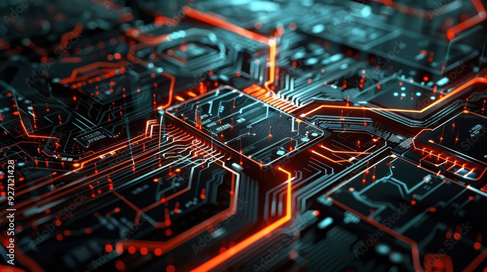Poster a close-up image of a circuit board with glowing red lines running along the surface. the board is b