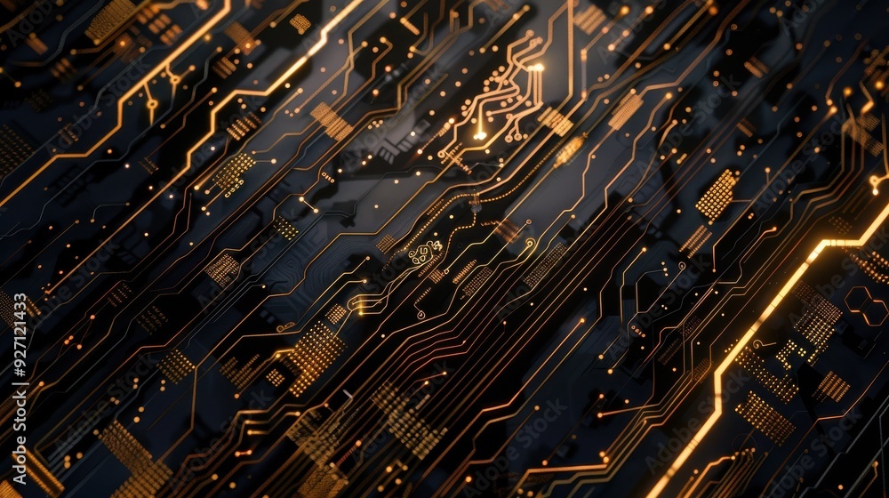 Poster a close-up view of a circuit board with glowing traces. the board is black with gold-colored traces 