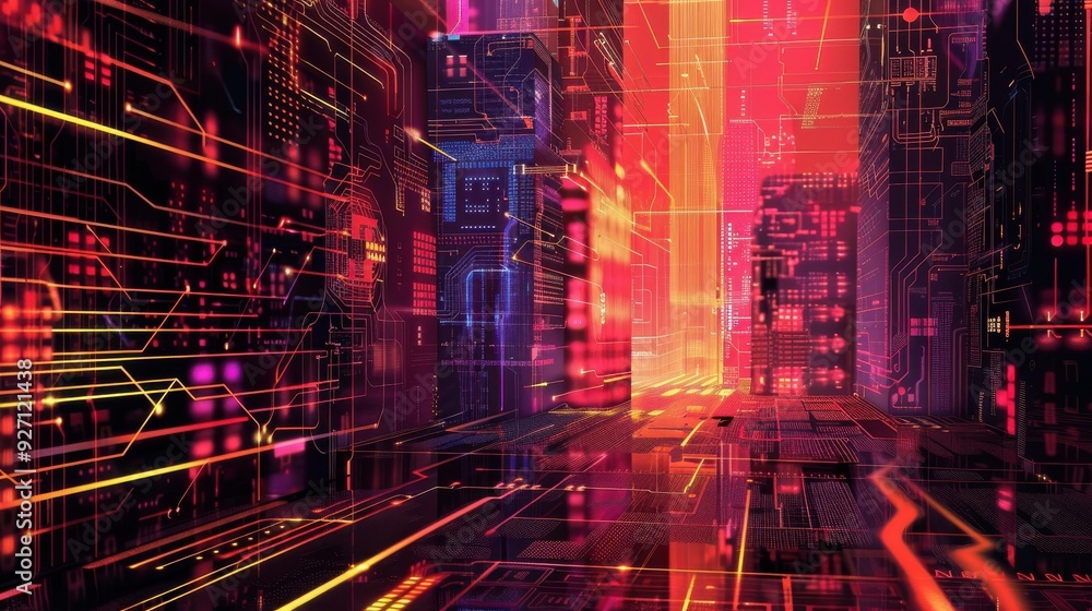 Aufkleber An abstract depiction of a futuristic city, rendered as a network of glowing circuits and neon lights. The scene features tall buildings with intricate electronic patterns, illuminated with vibrant re
