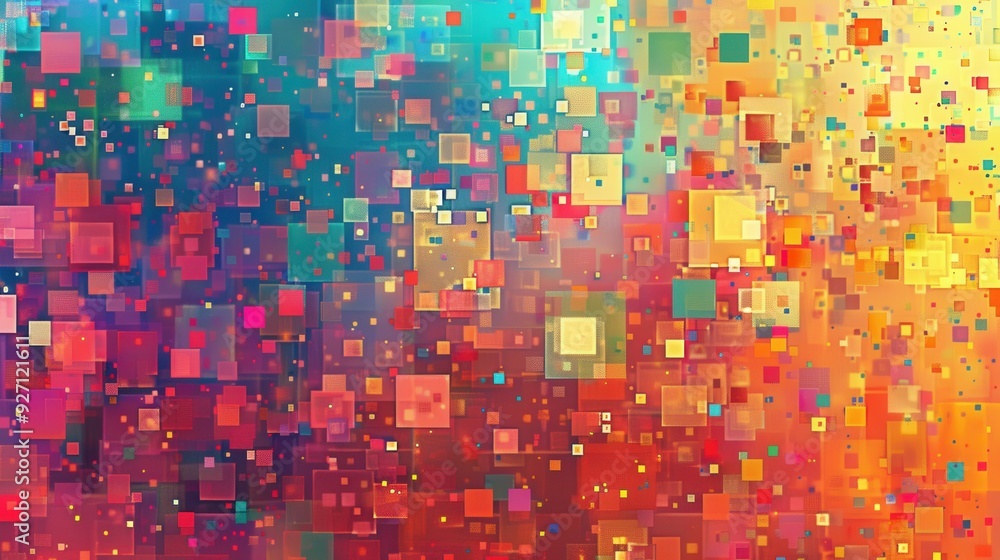 Poster a digital art piece features a multitude of colorful squares of varying sizes and opacity against a 