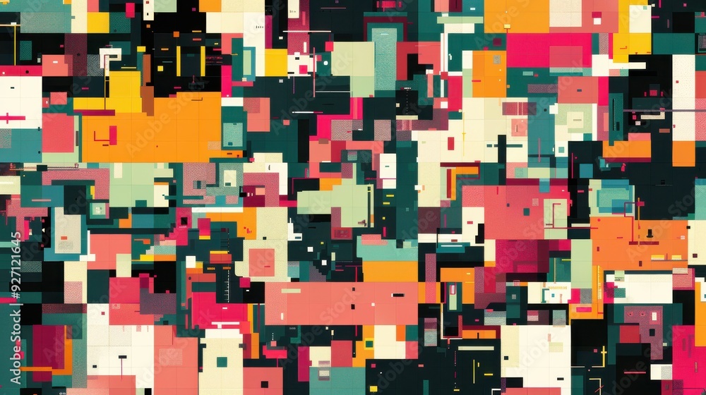 Aufkleber A digital abstract geometric pattern features a random assortment of rectangles in shades of red, orange, teal, yellow, and black. The rectangles are layered and overlapping, creating a sense of depth