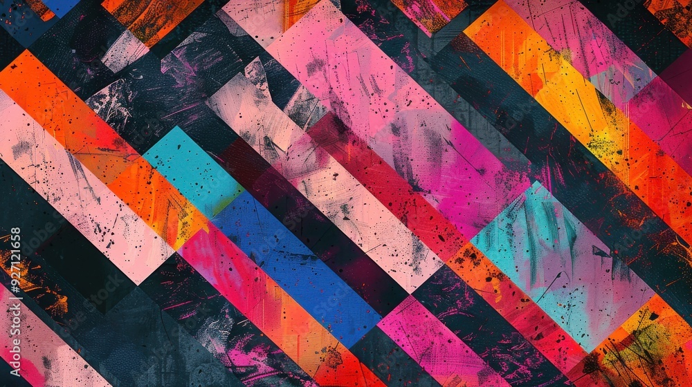 Aufkleber A colorful abstract image featuring a diagonal pattern of alternating colored stripes with a distressed, textured background. The colors include shades of pink, orange, blue, black, and red.