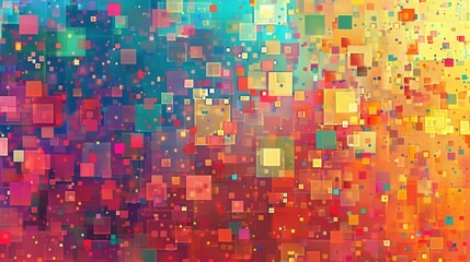 A digital art piece features a multitude of colorful squares of varying sizes and opacity against a blurred background. The colors transition from a cool blue hue in the left to warm orange tones on t