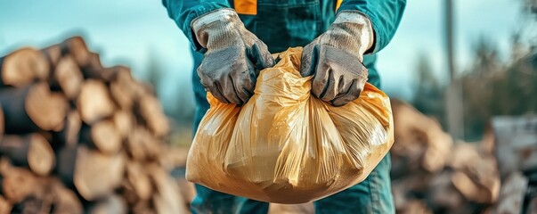 Fototapeta premium Close-up of hands managing garbage bags in soft natural light, focusing on tools and waste with safety gear visible