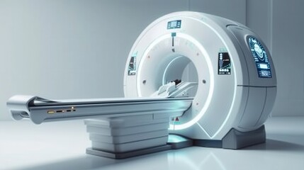 A modern CT scanner sits in a sterile hospital room, ready to provide diagnostic imaging. The scanner's large, circular opening is illuminated by a soft, blue light, and its sleek white exterior refle