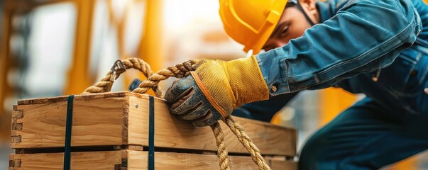 Fototapeta premium Close-up of hands securing cargo with ropes in a soft light, highlighting tools and crates in an industrial setting