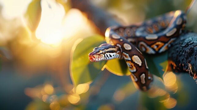 A python basking in the sunlight on a tree branch.